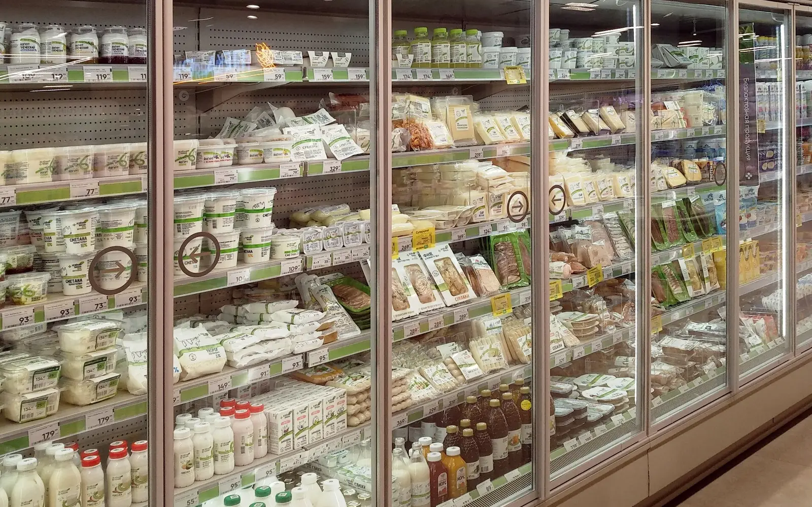 Chilled aisle and rouble price tags in a Moscow supermarket